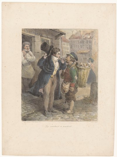Gentiluomo ben vestito accende il suo sigaro alla pipa di un operaio in stracci (serie: Schizzi litografici) da Hippolyte Bellange