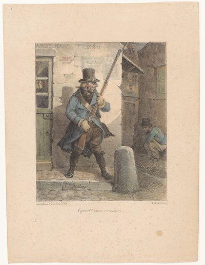 Militare chiama il caporale, che fa i suoi bisogni per strada (serie: Schizzi litografici) da Hippolyte Bellange