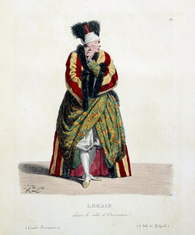 Attore francese Henri Louis Cain detto Lekain o Le Kain (1729-1778) nel ruolo di Orosmane nella commedia Zaire di Voltaire (1694-1746) alla Comédie Française. Litografia di Hippolyte Lecomte (1781-1857) XIX secolo Collezione privata da Hippolyte Lecomte