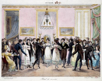 Ballo della società a Parigi al negozio di matite Conte, place du palais royal nel febbraio 1819 da Hippolyte Lecomte