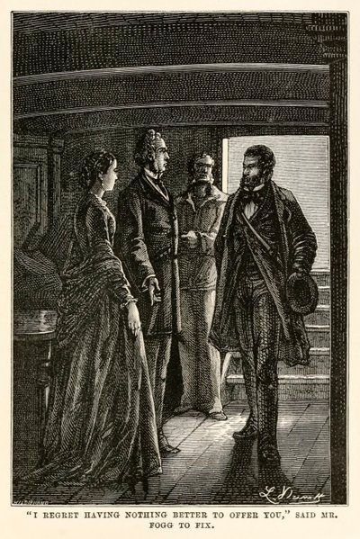 "Mi dispiace non avere nulla di meglio da offrirti", disse Mr Fogg a Fix, da Il giro del mondo in ottanta giorni di Jules Verne, inciso da Henri-Théophile Hildebrand da Hippolyte Leon (after) Benett