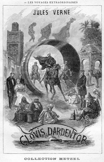 Illustrazione del libro "Clovis Dardentor" di Jules Verne, incisione del frontespizio dell