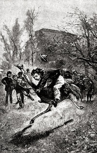Il giovane Service cavalca uno struzzo. Incisione da Hippolyte Leon Benett