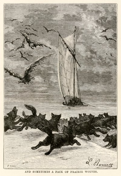 E a volte un branco di lupi della prateria, da Il giro del mondo in ottanta giorni di Jules Verne (1828-1905) inciso da Louis, 1873 da Hippolyte Leon after Benett