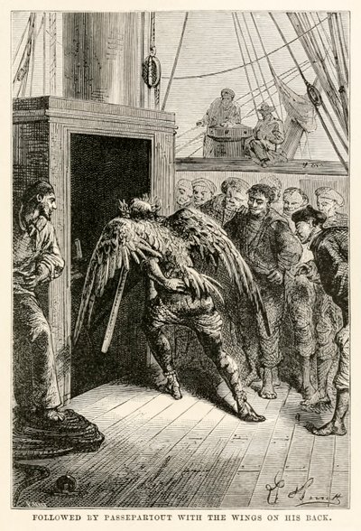 Seguito da Passepartout con le ali sulla schiena, da Il giro del mondo in ottanta giorni di Jules Verne (1828-1905) inciso da Adolphe François Pannemaker (1822-1900), 1873 da Hippolyte Leon after Benett