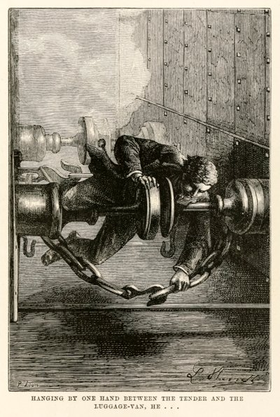Appeso con una mano tra il tender e il vagone bagagli, lui... da Il giro del mondo in ottanta giorni di Jules Verne (1828-1905) inciso da Louis, 1873 da Hippolyte Leon after Benett