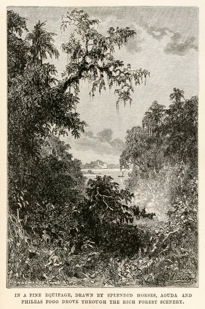 In un bel veicolo, trainato da splendidi cavalli, Aouda e Phileas Fogg attraversavano il ricco paesaggio forestale, da Il giro del mondo in ottanta giorni di Jules Verne (1828-1905) inciso da Henri-Théophile da Hippolyte Leon after Benett