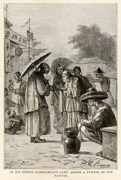 Durante la sua passeggiata Passepartout incontrò un certo numero di vecchi nativi, da Il giro del mondo in ottanta giorni di Jules Verne (1828-1905) inciso da Adolphe François Pannemaker (1822-1900), 1873 da Hippolyte Leon after Benett