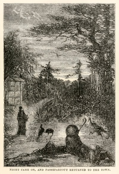 Cala la notte e Passepartout torna in città, da Il giro del mondo in ottanta giorni di Jules Verne (1828-1905) inciso da Louis Prevost, 1873 da Hippolyte Leon after Benett