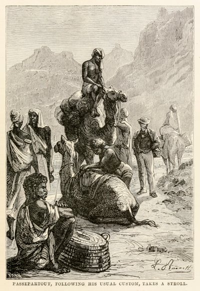 Passepartout, seguendo la sua solita abitudine, fa una passeggiata, da Il giro del mondo in ottanta giorni di Jules Verne (1828-1905) inciso da Adolphe François Pannemaker (1822-1900), 1873 da Hippolyte Leon after Benett