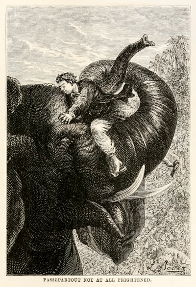 Passepartout per nulla spaventato, da Il giro del mondo in ottanta giorni di Jules Verne (1828-1905), 1873 da Hippolyte Leon after Benett