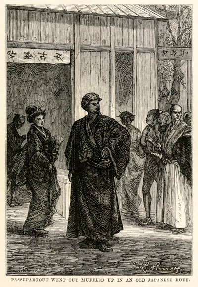 Passepartout uscì avvolto in una vecchia veste giapponese, da Il giro del mondo in ottanta giorni di Jules Verne (1828-1905) inciso da Louis Prevost, 1873 da Hippolyte Leon after Benett