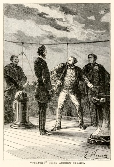 Pirata! gridò Andrew Speedy, da Il giro del mondo in ottanta giorni di Jules Verne (1828-1905) inciso da Louis Dumont (n.1822), 1873 da Hippolyte Leon after Benett