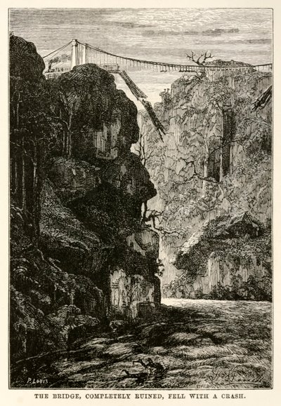 Il ponte, completamente rovinato, cadde con un tonfo, da Il giro del mondo in ottanta giorni di Jules Verne (1828-1905) inciso da Louis, 1873 da Hippolyte Leon after Benett