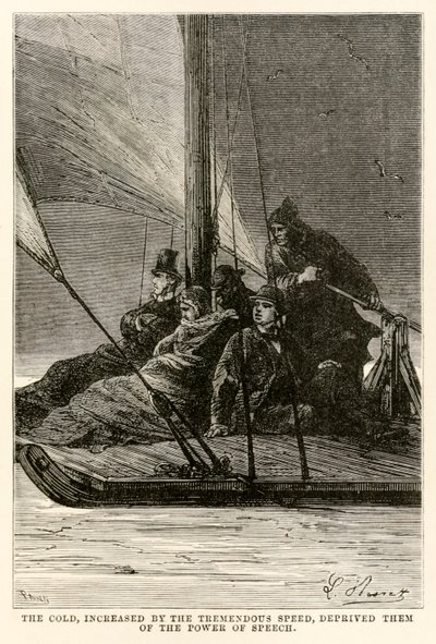 Il freddo, aumentato dalla velocità tremenda, li privò del potere della parola, da Il giro del mondo in ottanta giorni di Jules Verne (1828-1905) inciso da Adolphe François Pannemaker (1822-1900) da Hippolyte Leon after Benett