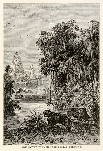 Il fumo si formava in colonne a spirale, da Il giro del mondo in ottanta giorni di Jules Verne (1828-1905), 1873 da Hippolyte Leon after Benett