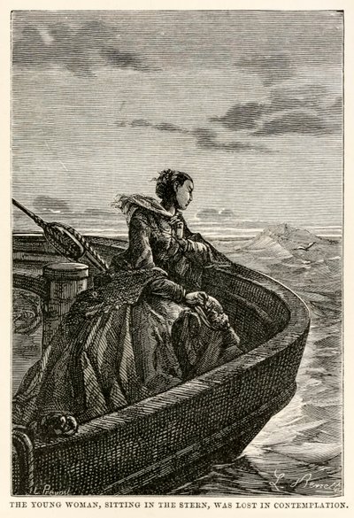 La giovane donna, seduta a poppa, era persa nella contemplazione, da Il giro del mondo in ottanta giorni di Jules Verne (1828-1905) inciso da Jean Louis Prevost, (1790-1850), 1873 da Hippolyte Leon after Benett