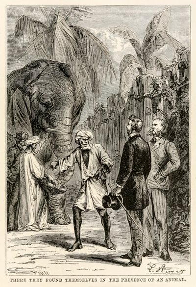 Lì si trovarono di fronte a un animale, da Il giro del mondo in ottanta giorni di Jules Verne (1828-1905) inciso da Adolphe François Pannemaker (1822-1900), 1873 da Hippolyte Leon after Benett