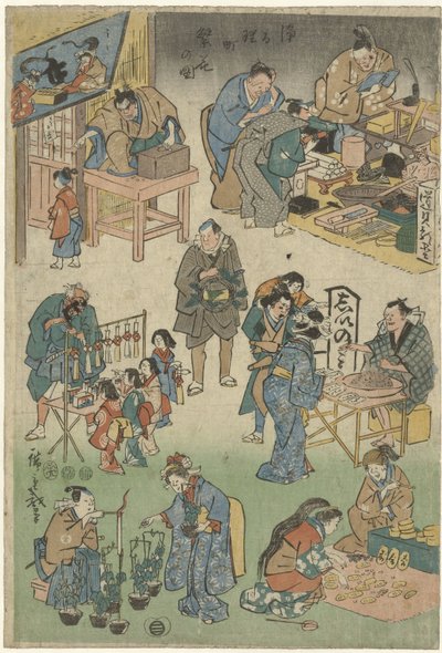 Mercato serale con teatro di strada in via Joruri (serie: Immagine della prosperità in via Joruri) da Hiroshige (I) , Utagawa
