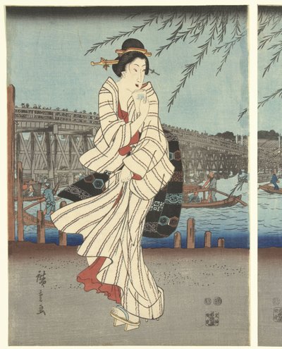 Luoghi famosi nella capitale orientale: Godendo di una brezza serale presso il ponte Ryogoku da Hiroshige (I) , Utagawa