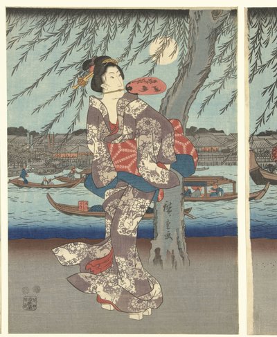 Luoghi famosi nella capitale orientale: Godendo di una brezza serale presso il ponte Ryogoku da Hiroshige (I) , Utagawa
