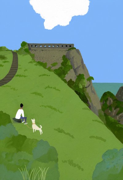 Riposo con un cane su una collina erbosa da Hiroyuki Izutsu