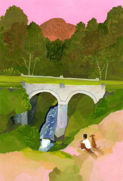Guardare il ponte con il proprio cane al crepuscolo da Hiroyuki Izutsu