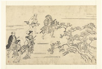 Cinque nobili e un servitore in viaggio verso un picnic (Ammirare i fiori di ciliegio a Ueno) da Hishikawa Moronobu (attributed to)