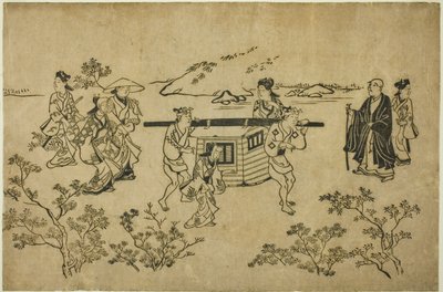 Un palanchino di passaggio, dalla serie "Scene di osservazione dei fiori a Ueno (Ueno hanami no tei)" da Hishikawa Moronobu