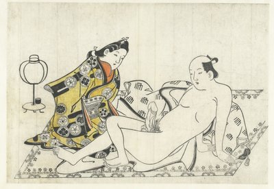 Giovane donna e uomo nudo su un tappeto da Hishikawa Moronobu