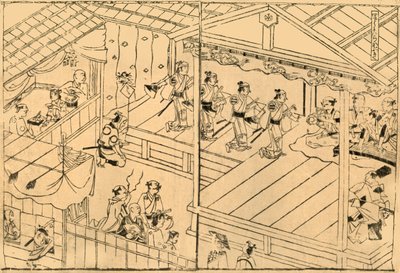 Spettacolo Kabuki nel letto del fiume Shijo, 1658, 1924 da Hishikawa Moronobu