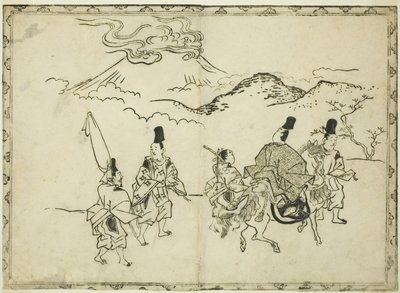 Il viaggio orientale di Narihira, dal libro illustrato "Panorama dei dipinti su schermi e rotoli appesi (Byobu kakemono ekagami)". da Hishikawa Moronobu