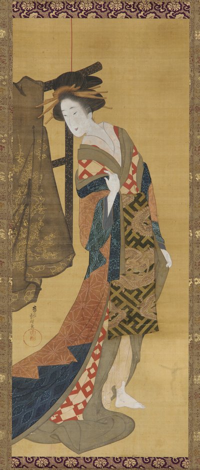 Una cortigiana vicino a un appendiabiti, periodo Edo da Hishikawa Sori