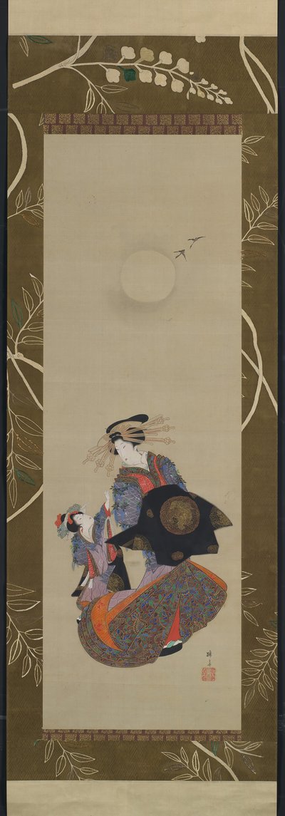 Bellezza di Yoshiwara con apprendista al chiaro di luna, XIX secolo da Hokuba