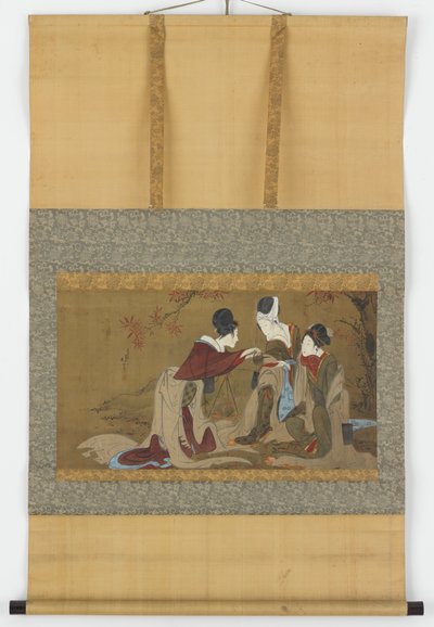 Tre shirabyoshi che bevono sake riscaldato su un fuoco di foglie autunnali, periodo Edo, 1800-1850 da Hokuga