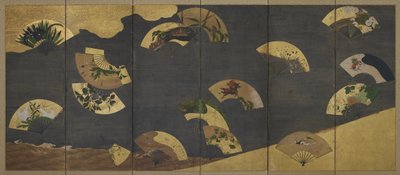 Ventagli e nuvole su rocce e acqua, periodo Edo da Hon