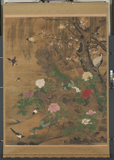 Rotolo appeso, uccelli si radunano sotto il salice primaverile, fine 1400-inizio 1500 da Hong Yin