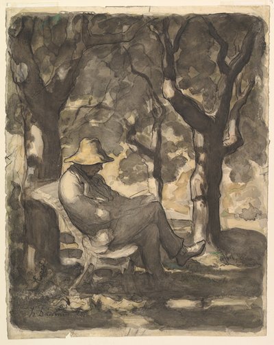 Un uomo che legge in un giardino recto, Schizzo preliminare per un uomo che legge in un giardino verso, ca. 1865 da Honoré Daumier