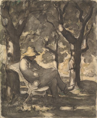Un uomo che legge in un giardino, ca. 1865 da Honoré Daumier