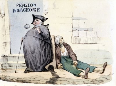 Un prete grasso e sazio accanto a un povero paziente sdraiato a terra - in "La Silhouette" da Honoré Daumier