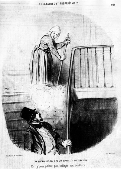 Un inquilino che ha avuto un oblio il 1° gennaio. Ehi! Non posso buttare i miei rampicanti! , tratto da "Tenants et Owners", serie di caricature di Honore Daumier (1808-1879). "Charivari" da Honoré Daumier