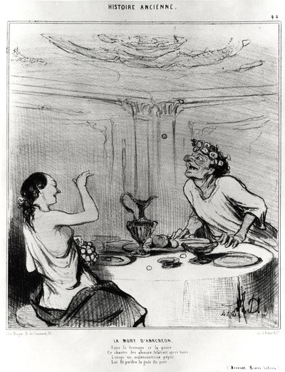 Storia antica: la morte di Anacreonte, caricatura per illustrare un estratto dalle opere badine di Jacques-Benigne Bossuet: 