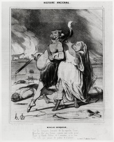 Storia antica: Menelao vincitore, caricatura per illustrare un estratto dall