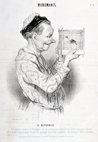 Opera di Honore Daumier (1808-1879) Charivari del 1840: Serie MONOMANES Le Betophile "La suprema felicità di Betophile è comporre a casa una piccola menagerie in cui trascorre la sua vita. Il proverbio "Dimmi chi frequenti e ti dirò chi sei" da Honoré Daumier