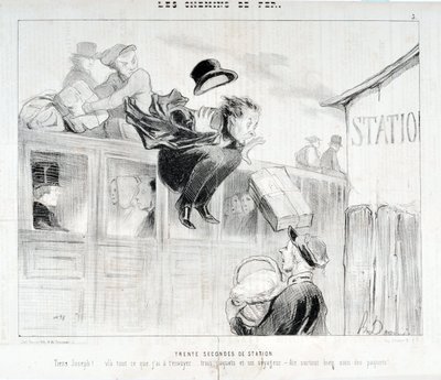 Opera di Honoré Daumier (1808-1879). Charivari del 1843: Serie LES Chemins de fer Trenta secondi di stazione "-Tiens Joseph! vla tutto quello che devo mandarti... tre pacchi e un viaggiatore - Soprattutto cura dei pacchi" MUSEE DES BEAUX ART da Honoré Daumier
