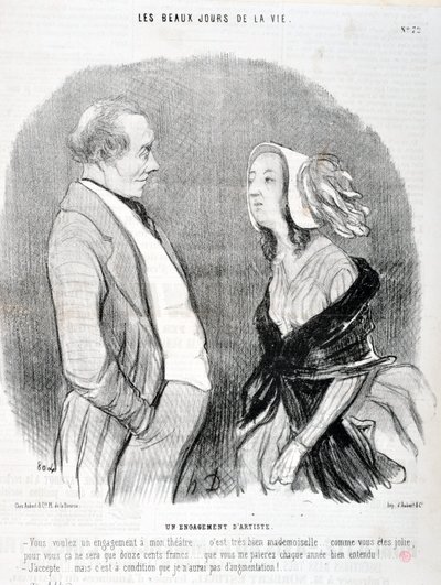Opera di Honore Daumier (1808-1879) Charivari del 1845: Serie LES BEAUX DAYS DE LA VIE. Impegno di un artista "Vuoi un impegno per il mio teatro... va bene signorina... come sei carina per te sarà solo milleduecento franchi... che da Honoré Daumier