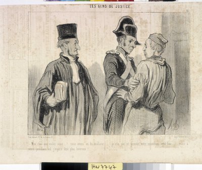 Opera di Honore Daumier (1808-1879) Charivari del 1845: Serie LES PEANS DE JUSTICE. "-Mio caro cosa vuoi... abbiamo avuto sfortuna... non ho potuto provare la tua innocenza questa volta... ma al tuo prossimo volo spero di essere più fortunato." estratto da da Honoré Daumier
