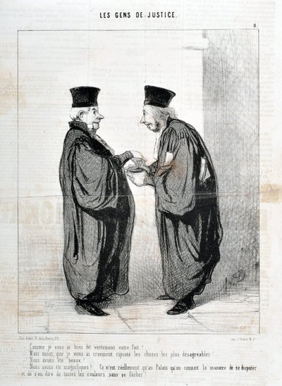 Opera di Honoré Daumier (1808-1879). Charivari del 1845: Serie LES PEOPLES DE JUSTICE -Come ti ho detto veramente il tuo fatto! Eravamo belli. Eravamo belli!... è davvero solo nel Palazzo che sappiamo come discutere e parlarne da Honoré Daumier