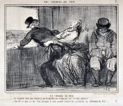 Serie LE FERROVIE. "-Quindi non guardare così attraverso la porta, un disastro sta arrivando così velocemente!... -Che importa, visto che sono assicurato contro gli incidenti sulla ferrovia". MUSEE DES BEAUX ARTS - PALAIS LONGCHAMP, MARSEILLE da Honoré Daumier