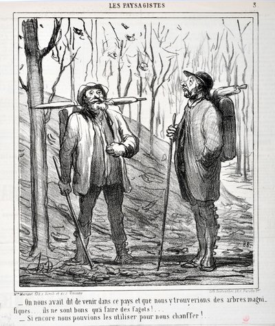 Opera di Honoré Daumier (1808-1879). Charivari del 1864: Serie LES LANDSAGISTS "- Ci è stato detto di venire in questo paese e che avremmo trovato alberi belli... sono buoni per fare fascine!... Se potessimo usarli per riscaldarci!..." MUSEUM OF FIN da Honoré Daumier